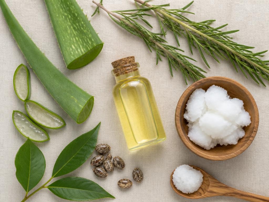 Ingredientes naturais como alecrim, babosa e óleo de rícino