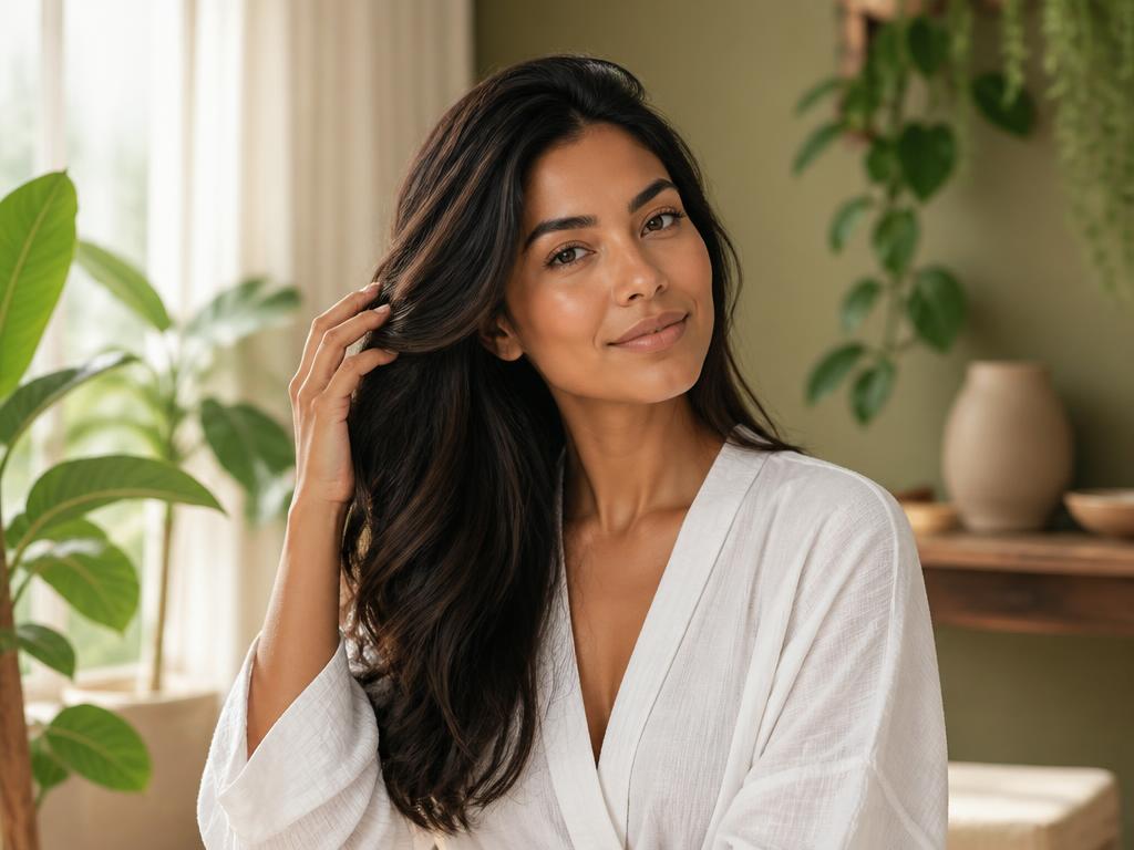 Mulher se sentindo bem cuidando do cabelo naturalmente
